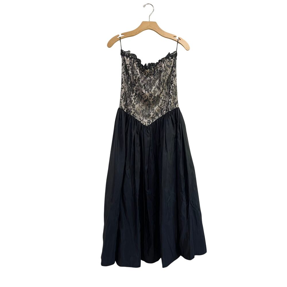 Vintage Gunne Sax Jessica McClintock Black Sequin Corset Midi Dress Strapless